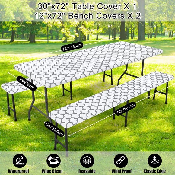 Picnic Table Cover with Bench Covers, Waterproof Elastic Fitted Tablecloth - Picture 5 of 11
